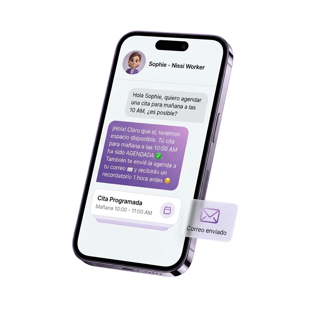 Mockup celular agendamiento automatico WhatsApp Nissi Tech